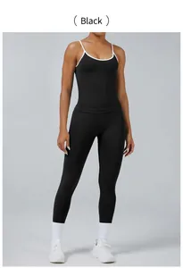Close-up detail of women's tight contrast color sports yoga tank top in black color