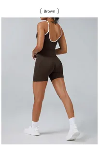 Rear view of women's coffee brown backless athletic set for yoga fitness training