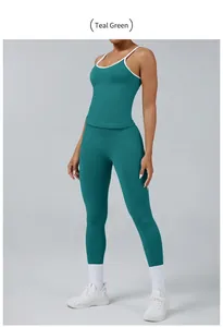 Teal contrast trim yoga tank top and leggings set for fitness and running