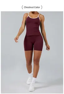 Full view of chestnut two-piece workout set with contrast white straps and shorts