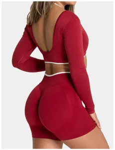 Vista dettagliata del set top yoga a maniche lunghe senza cuciture e pantaloncini fitness.