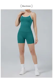 Detailed view of cyan green two-piece contrast sports yoga set for women in high quality