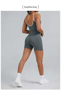 Back view of graphite grey quick-dry athletic yoga set with contrast piping detail