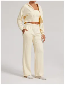 Damen 3-Teiler Freizeit-Set in Creme mit Kapuzenjacke, Crop-Top und weiter Hose