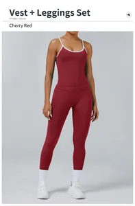 Detailed view of cherry red yoga set featuring camisole and matching leggings