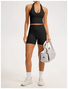 Ensemble de yoga noir sans couture pour femmes avec taille côtelée et brassière