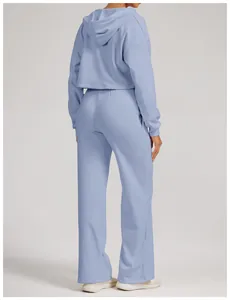 Rückenansicht eines hellblauen Cropped-Kapuzenpullovers und einer weiten Jogginghose