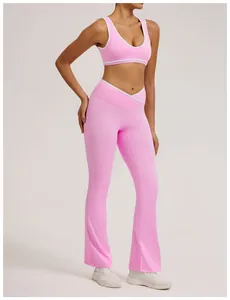 Damen Yoga-Set in Rosa mit Kontrastfarben, hoher Taille, Schlaghose und Sport-BH