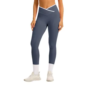 Leggings da yoga a vita alta incrociata con fascia a contrasto per fitness donna