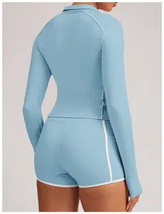 Back view of light blue slim fit yoga jacket and matching shorts with white piping