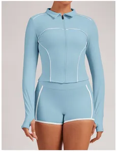 Women's light blue slim fit yoga jacket with white piping and matching shorts set