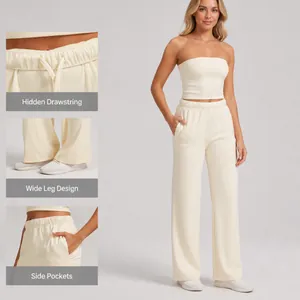 Cream high-waisted wide-leg lounge sweatpants with drawstring and side pocket details