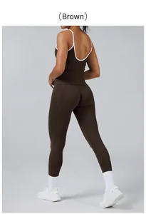 Back view of coffee brown two-piece yoga set with white contrast racerback trim