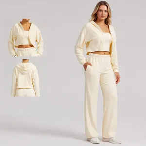 Bequemes 3-teiliges Sport-Lounge-Set für Damen mit Kapuzenjacke und langer Hose