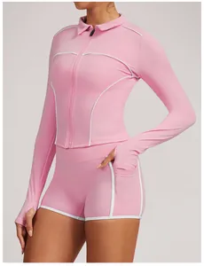 Slim fit pink yoga jacket and shorts set with white piping for outdoor fitness