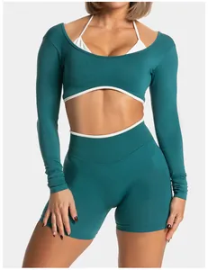 Maglia yoga a maniche lunghe senza cuciture color ottanio con design finto due pezzi
