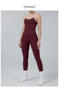 Macro view of chestnut colorblock yoga set with white trim and high-waist leggings