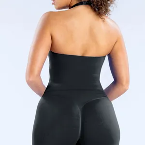 Detailed back view of a black seamless halter neck sports yoga vest for fitness women