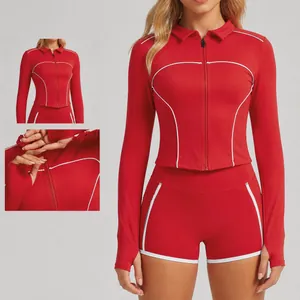 Red slim-fit yoga jacket set with white contrast piping and thumbhole cuffs for fitness