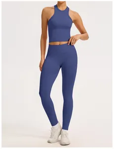 Full view of blue seamless ribbed yoga set featuring a racerback top and leggings