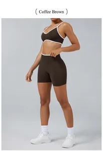 Professional two-piece coffee brown yoga set with white contrast piping for women fitness