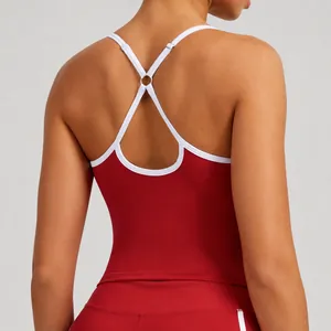 Red criss-cross back yoga tank top with white piping and breathable slim fit design