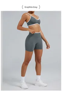 Graphite gray athletic yoga set featuring a sports bra and high-waist shorts for women