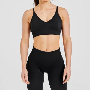 Detailed view of black seamless double-strap yoga bra with high-waisted leggings