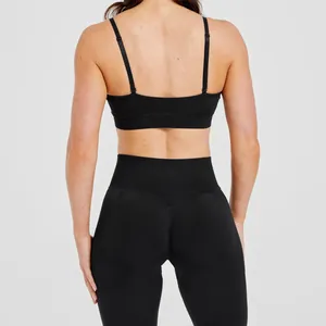 Back view of black seamless double-strap yoga bra with high waist leggings
