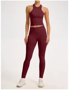 Seamless ribbed yoga set with racerback crop top and high waist leggings in burgundy