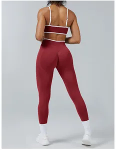 Back view of a burgundy color-block sports yoga set featuring high-waist leggings