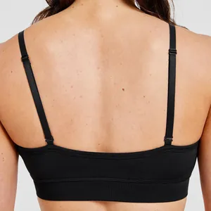Close-up of the back design and adjustable straps of a black seamless yoga sports bra