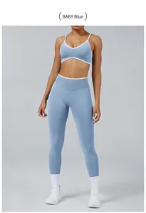 Front view of baby blue color-block yoga set with sports bra and high-waisted leggings