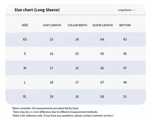 Detailed size chart for the seamless yoga long sleeve shrug with measurements in cm