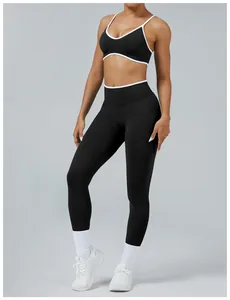 Professional fitness sports bra and high-waist leggings set with white contrast trim