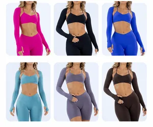 Detailed view of seamless yoga long-sleeve shrugs in six vibrant colors for women's fitness
