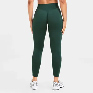 Rückansicht der dunkelgrünen nahtlosen High-Waist-Yogahose für Damen Fitness und Training
