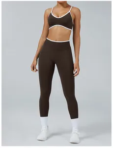Professional chocolate brown yoga set with white contrast trim for women fitness training