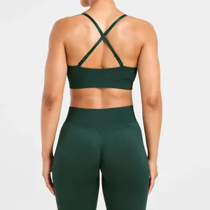Back view detail of a seamless dark green yoga bra and high-waisted gym leggings.
