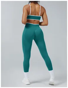 Back view of teal two-piece yoga set with white trim, highlighting the butt-lifting design.