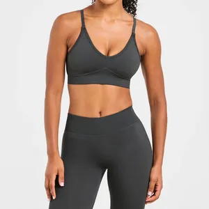 Seamless charcoal grey sports bra and leggings yoga set for high-intensity workouts