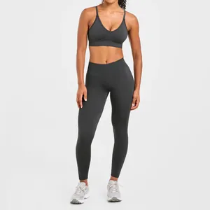 Seamless double strap sports bra and high waisted leggings yoga set in charcoal grey