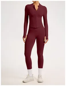 Burgundy seamless workout yoga set with long sleeve zip-up top and high waisted leggings