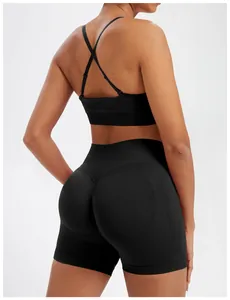 Detailed back view of a seamless black yoga set featuring a cross-back sports bra and shorts.