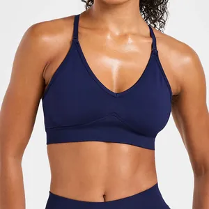 Women Double Strap Seamless Yoga Bra High Intensity Quick Dry Sports Top V-Neck Ribbed Hem Fitness Running Gym Workout Tank Top