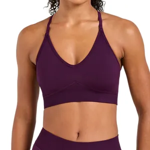 High impact seamless purple yoga sports bra with thin straps and ribbed underband