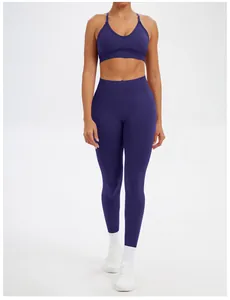 Detailed view of seamless purple yoga set including sports bra and high-waist leggings