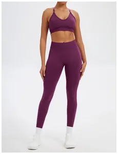 Detail view of purple seamless yoga set with high-waist leggings and sports bra