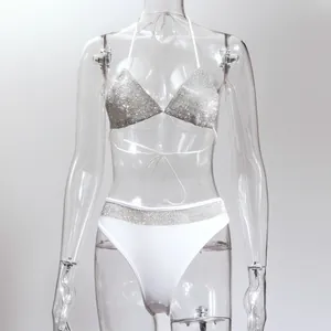 Sexy silver rhinestone triangle bikini set featuring white high-waisted bottoms with gems