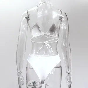 Detailed back view of a sexy white triangle bikini set with adjustable halter neck ties.